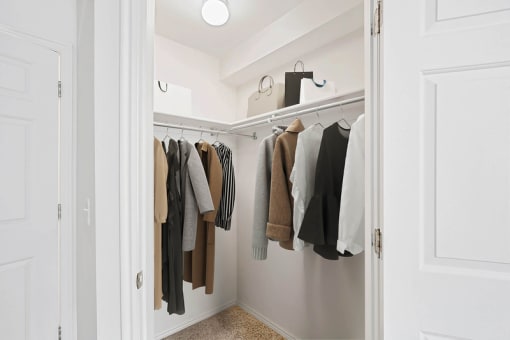 Walk-in closet with organized hanging garments at Rose Cove Homes Apartments, Farmington