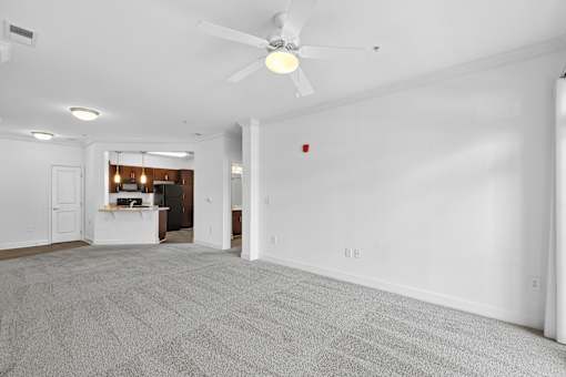 A room with a ceiling fan and carpeted floor.