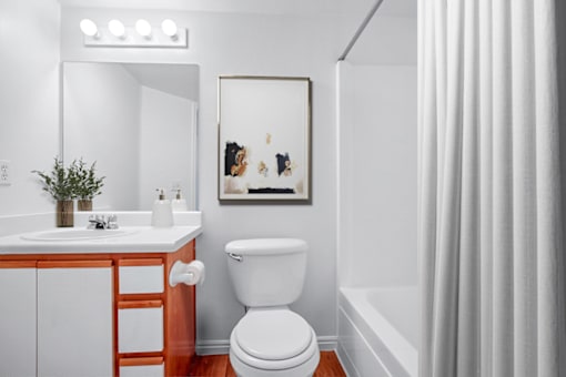 Virtually staged bathroom with shower curtain, wall art, white sink and wooden cabinets