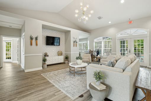 A living room with a grey couch and a white rug.