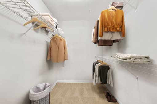 a walk in closet with white rails and shelves and a beige rug on the floor