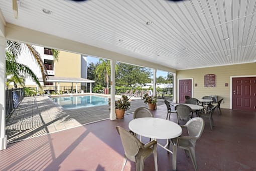a patio with tables and chairs and a pool in the background