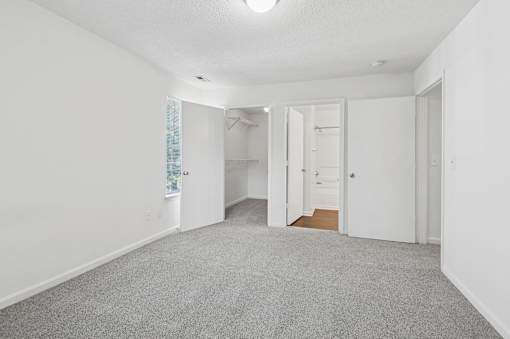 A white room with a grey carpet and a window with blinds.