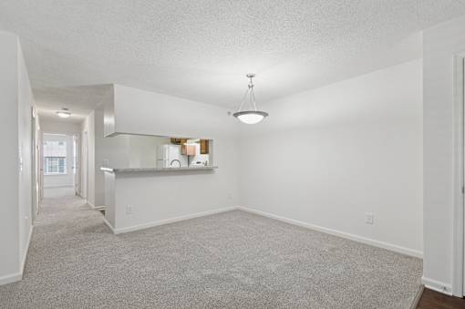 A spacious living room with a carpeted floor and a bar area in the background.