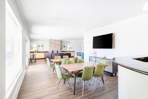 Resident Lounge with tables and sofa with a mounted tv on the wall