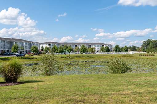 a park with a pond in front of some apartments