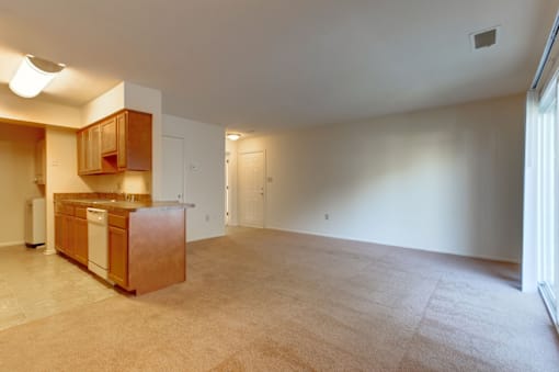 a kitchen and living room with white walls and beige carpet