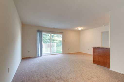 an empty living room with a sliding glass door leading to a balcony