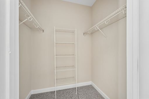 A white closet with a carpeted floor and two shelves.