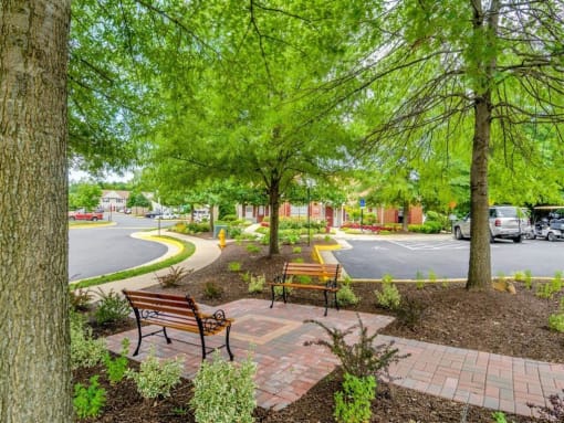 Community area with two park benches, stoned walkways, mature trees, plant beds with mulch and bushes with parking lot and driveway in the background
