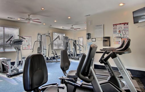 Fitness center with exercise equipment, two windows, wall mounted television, and two ceiling fans.