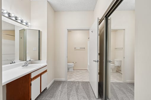 A bathroom with a sink, mirror, and toilet.