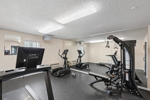 A gym with a variety of equipment including a treadmill, a stationary bike, and a weight bench.