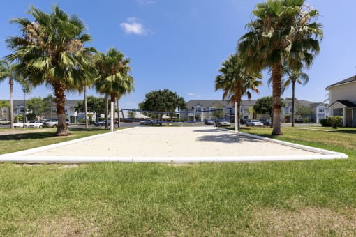 Sand Volleyball Court Between Palm Trees with Parking lot in The Background