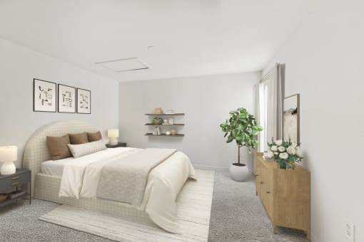 a rendering of a bedroom with white walls and a white bed