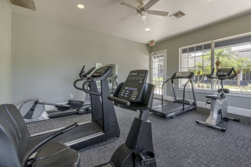 Fitness center with cardio machines facing 2 large windows
