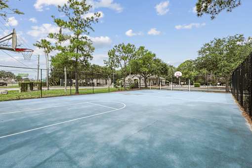 A basketball court with a blue surface and white lines.