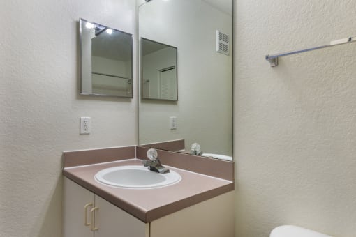 a bathroom with a sink and a mirror