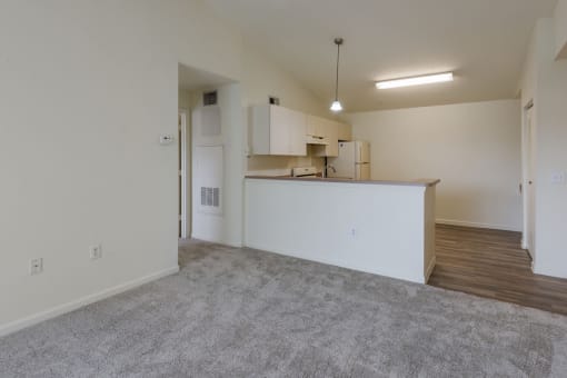 an empty living room with a kitchen in the background