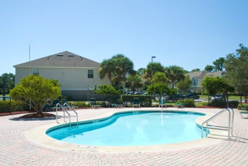 Swimming pool with lounge seating surrounded by native landscaping