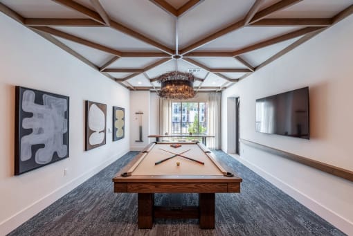 a games room with a pool table and a television