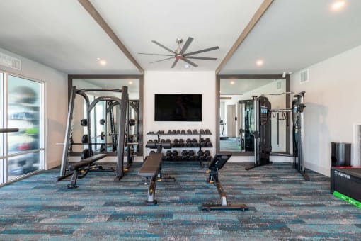 a home gym with weights and a tv