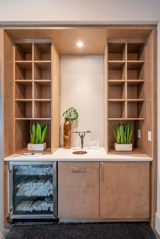 a kitchen with a sink and a cabinet with shelves