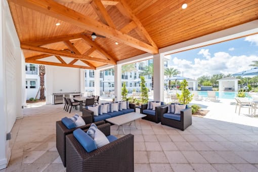a covered patio with couches and tables and a pool