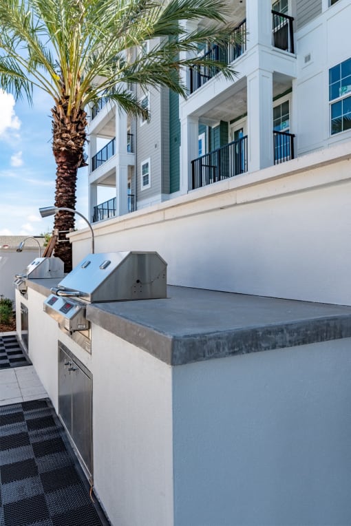 a barbecue grill on the side of a building with a palm tree