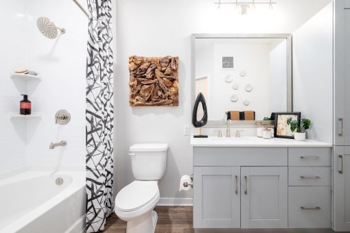 a bathroom with a shower curtain and a toilet and a sink