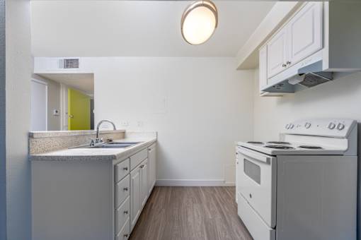 A small kitchen with a white stove and a green door.