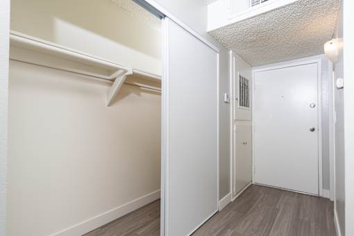 A white closet with a sliding door and a white door.