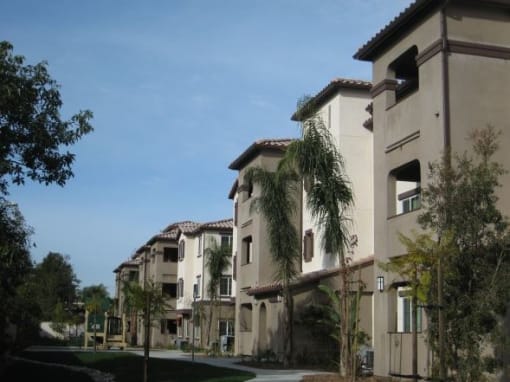 a row of houses with palm trees in front of them