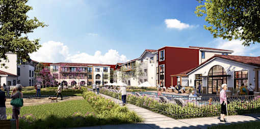 A rendering of group of people walking around a courtyard with a pool and a building with a red and white facade.