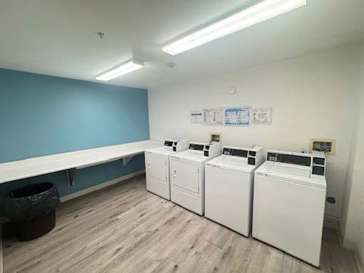 A laundry room with a blue wall and laundry machines.