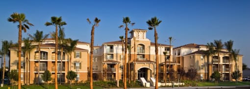 an apartment building with palm trees in front of it