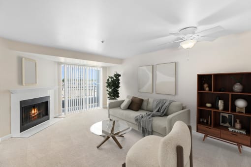 a living room with a fireplace and a couch