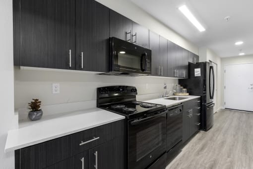 a kitchen with dark cabinets, white countertops, efficient appliances, and plank flooring at Arabella Apartment Homes, Washington, 98155