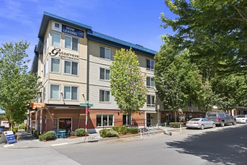 a view of the property from across the street at Guinevere Apartment Homes, Seattle, Washington 98103