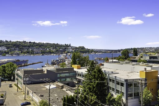 City view of Seattle with a Puget Sound in the background at Illumina Apartment Homes, Seattle, WA