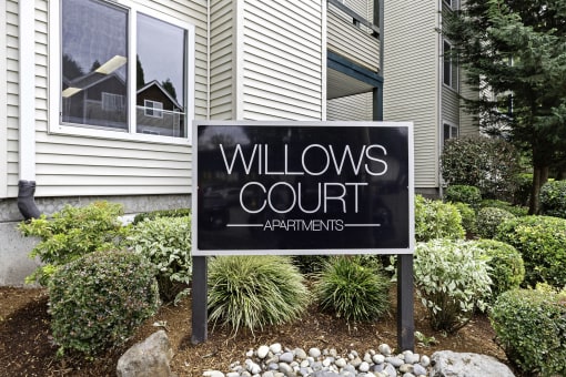 Welcome sign at Property Building at Willows Court Apartment Homes, Seattle, WA