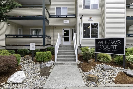 Front View of Property with Sign for Willows Court Apartment Homes, Seattle
