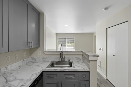 Cozy Kitchen with a Sink, Plank Flooring, and a View Into the Living Room with a Window at Excalibur Apartment Homes, Bellevue
