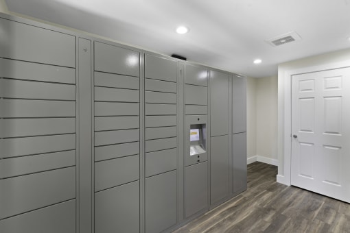 A Row of Package Receiving Lockers in the Parcel Area with a White Door and Plank Flooring at Park 210 Apartment Homes, Washington