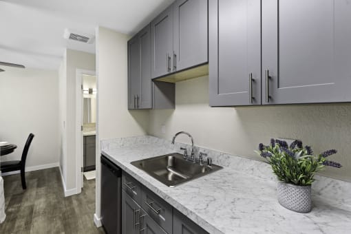 a kitchen with gray cabinets and a stainless steel sink at Pinewood Square Apartment Homes, Washington