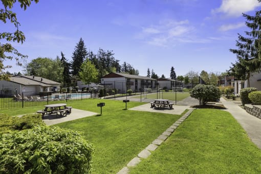 Resident Picnic Area with Picnic Tables and Lush Grassy Field at Pinewood Square Apartment Homes, Lynnwood, WA