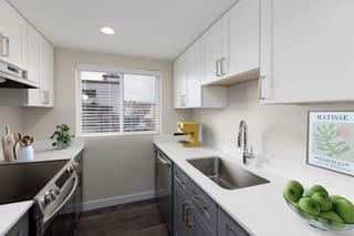 a white kitchen with a sink and a window