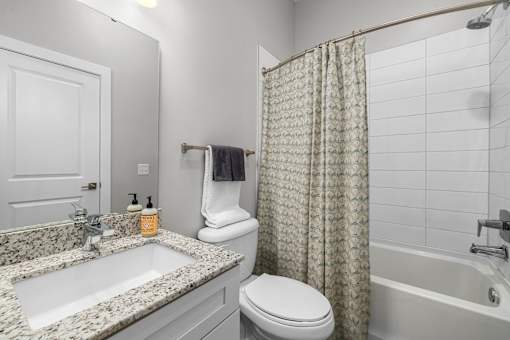 a bathroom with gray walls and a white sink and toilet  at Griffin Weston, Cary, North Carolina
