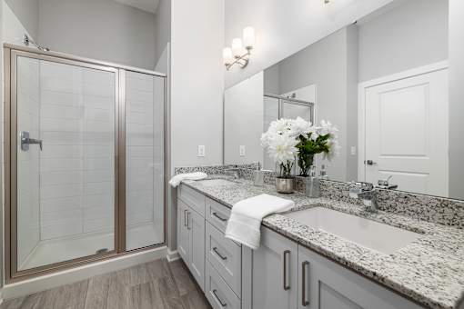 Primary Bath with Walk in Shower & Double Vanities at Griffin Weston, Cary, NC, 27513