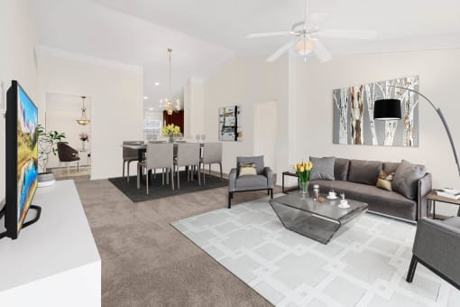 Living room and dining at Brandywine Apartments, West Bloomfield, MI, 48322